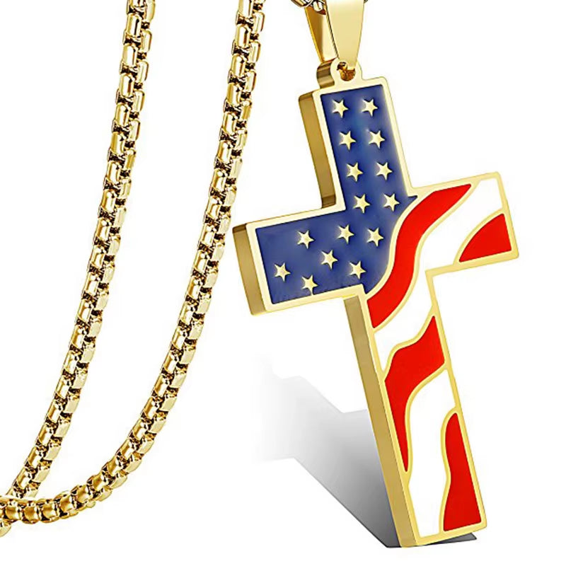 American Flag Necklace Cross Pendant Enamel USA Flag Stainless Steel Patriotic Christian Jewelry Men Gold Steel Color Long Chain