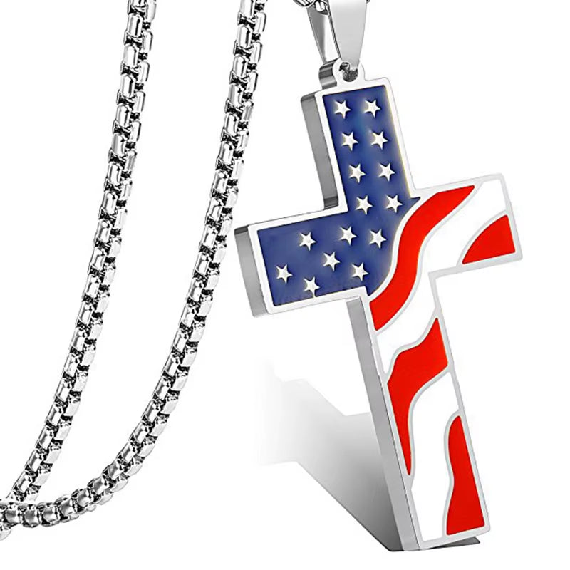 American Flag Necklace Cross Pendant Enamel USA Flag Stainless Steel Patriotic Christian Jewelry Men Gold Steel Color Long Chain