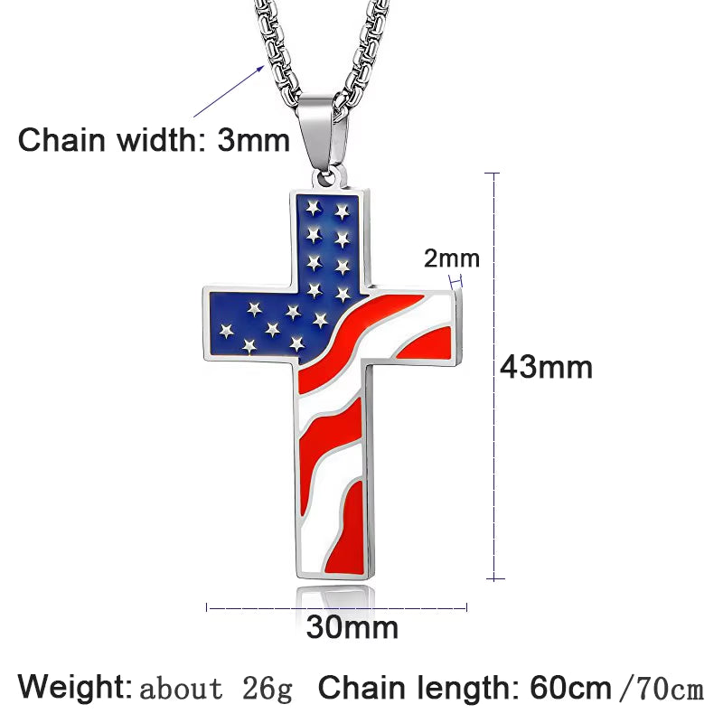 American Flag Necklace Cross Pendant Enamel USA Flag Stainless Steel Patriotic Christian Jewelry Men Gold Steel Color Long Chain
