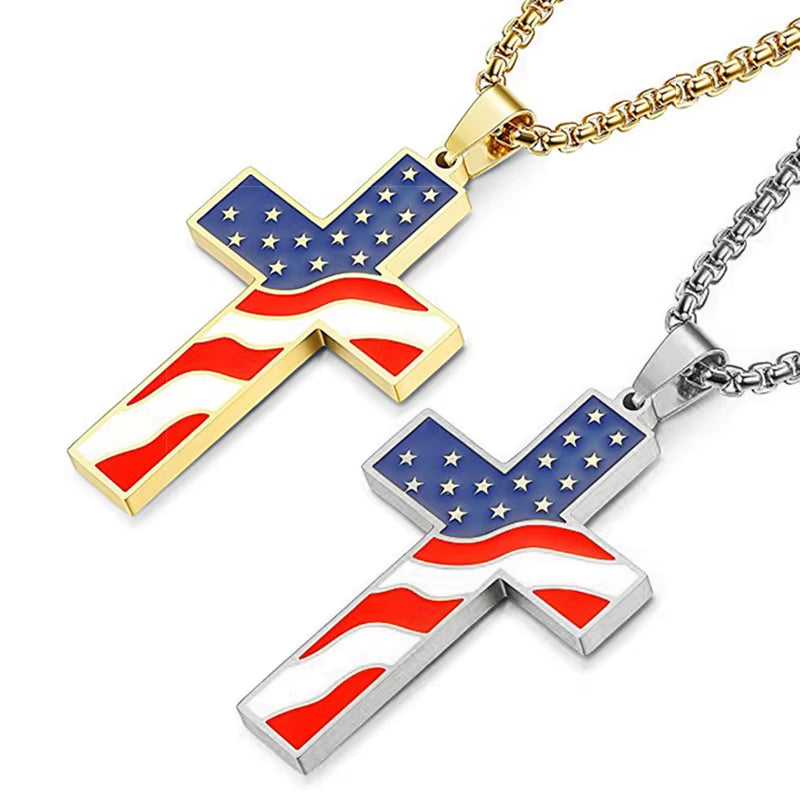 American Flag Necklace Cross Pendant Enamel USA Flag Stainless Steel Patriotic Christian Jewelry Men Gold Steel Color Long Chain