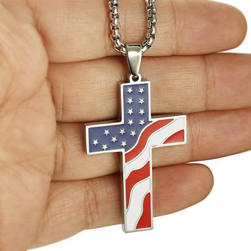 American Flag Necklace Cross Pendant Enamel USA Flag Stainless Steel Patriotic Christian Jewelry Men Gold Steel Color Long Chain
